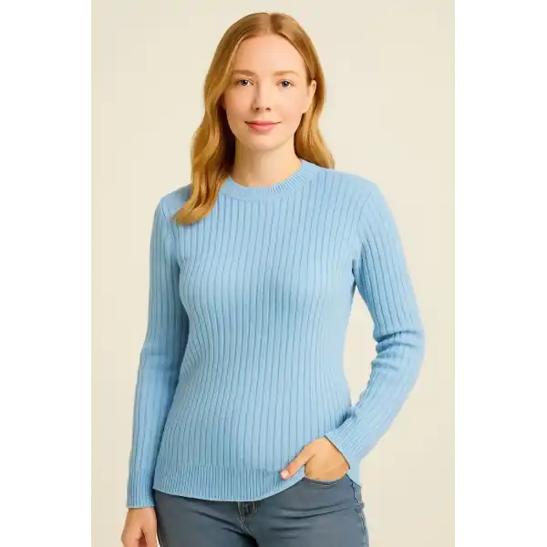 Kadın Bisiklet Yuvarlak Yaka Triko Kazak Pamuklu Kalın Fitilli Dokuma, Regular Fit Uzun Kollu Kışlık Model - Bebe Mavisi