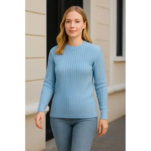 Kadın Bisiklet Yuvarlak Yaka Triko Kazak Pamuklu Kalın Fitilli Dokuma, Regular Fit Uzun Kollu Kışlık Model - Bebe Mavisi
