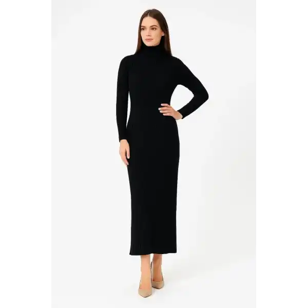 Kadın Boğazlı Triko Elbise – Uzun Fitilli Esnek Dokuma, Tam Kalıp, Kışlık & Baharlık Şık Rahat Stil, 130 cm Midi Boy Elbise - Siyah