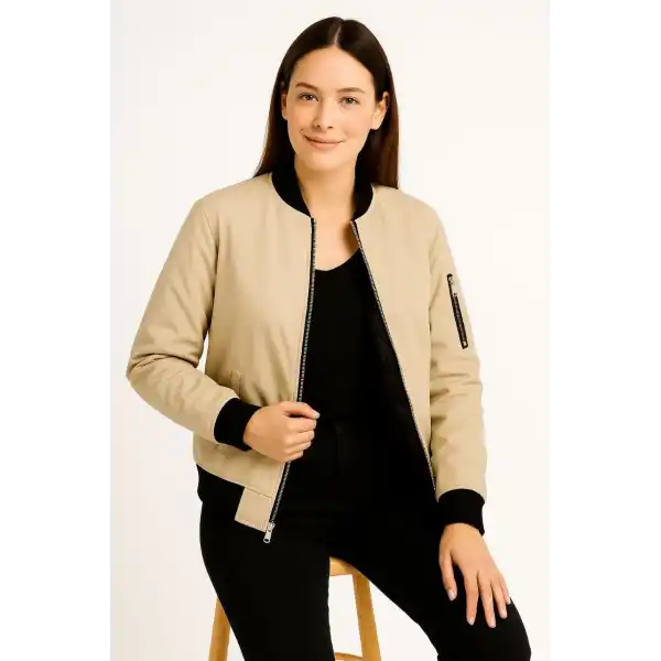 Kadın Bomber Mont Ceket – Fermuarlı, Kapitone İçi Astarlı, Su İtici Kumaş, Regular Fit, Yandan Cepli, Günlük Bahar & Kış Şık Rahat Stil - bej