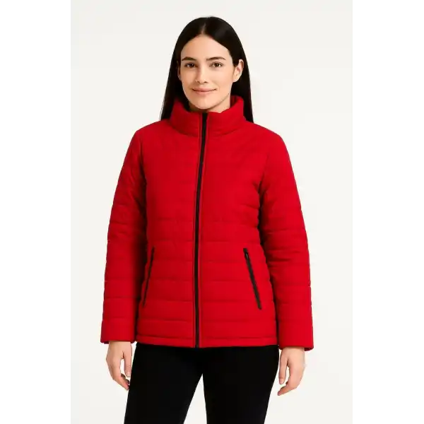 Kadın Bomber Mont Ceket – Su İtici Kumaş, Kapitone Astarlı, Fermuarlı, Kışlık - Kırmızı