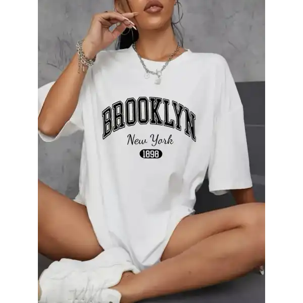 Kadın Brooklyn Baskılı Tişört Kısa Kol Bisiklet Yaka Oversize T-Shirt - Beyaz