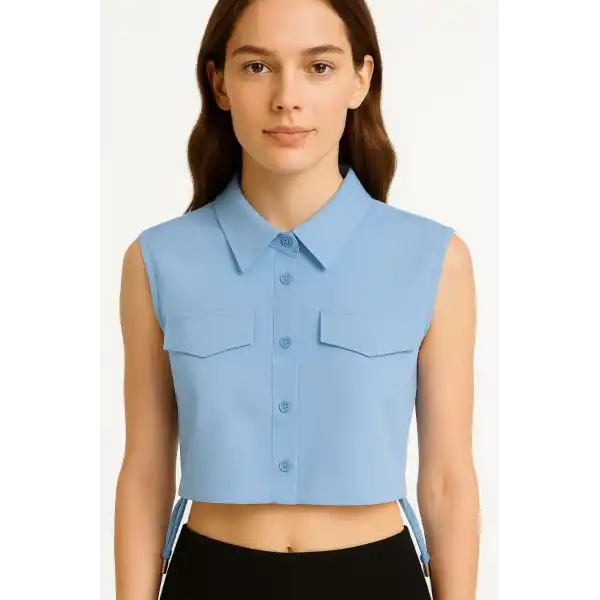 Kadın Crop Poplin Gömlek Yalancı Cepli, Ayarlanabilir Yan Kordonlu, - Bebe Mavisi