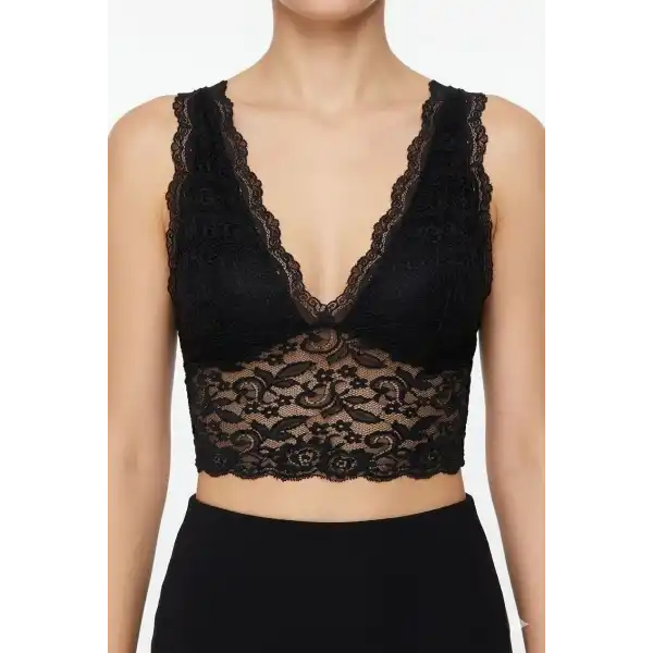 Kadın Dantel Bralet Crop Sütyen V Yaka Askılı Şık Esnek Rahat - Siyah