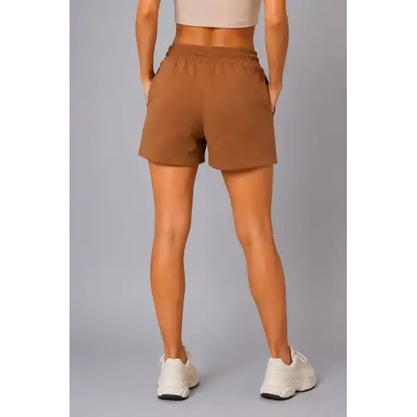 Kadın Dokuma Kumaş Cepli Bağcıklı Regular Fit Yazlık Şort - Kahverengi