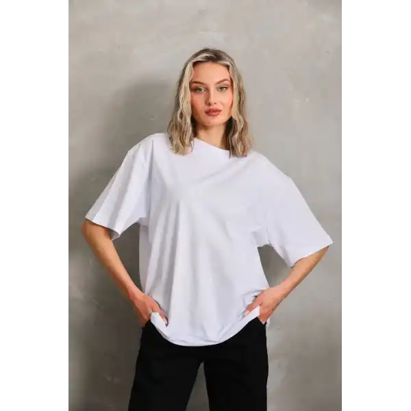 Kadın Düz  Kısa kol Penye T-shirt - Beyaz