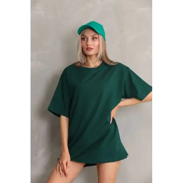 Kadın Düz  Kısa kol Penye T-shirt- Yeşil