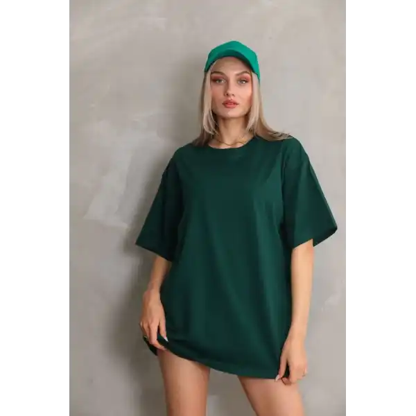 Kadın Düz  Kısa kol Penye T-shirt- Yeşil