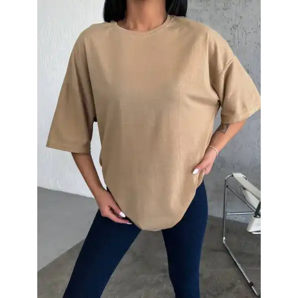 Kadın Düz T-Shirt Kısa Kol Bisiklet Yaka Oversize Rahat Kalıp Günlük Tişört - Bej