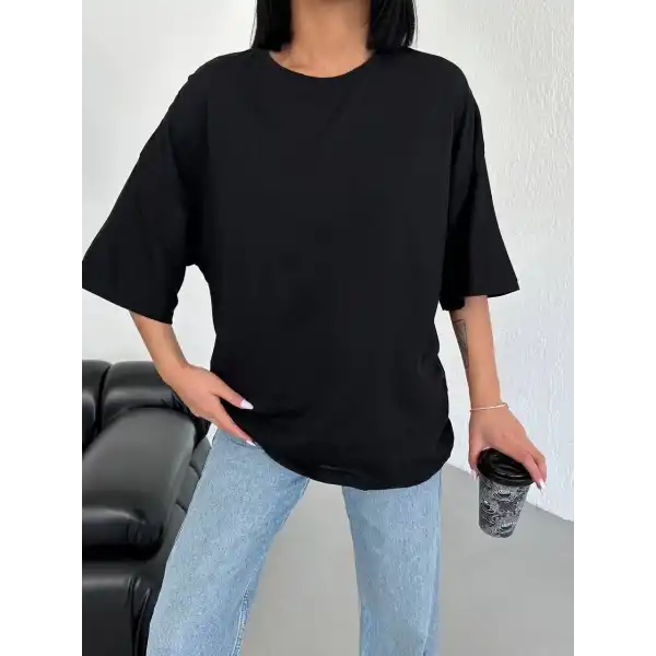 Kadın Düz T-Shirt Kısa Kol Bisiklet Yaka Oversize Tişört - Siyah