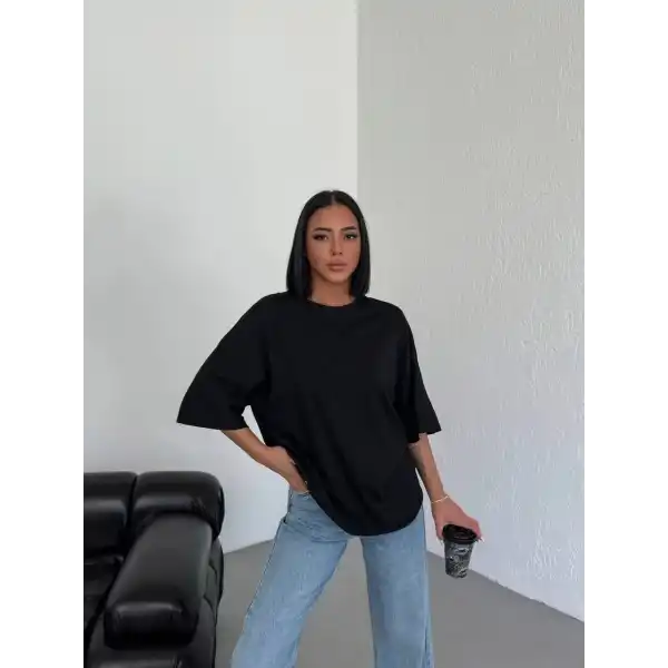 Kadın Düz T-Shirt Kısa Kol Bisiklet Yaka Oversize Tişört - Siyah