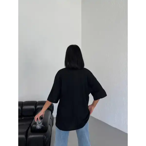 Kadın Düz T-Shirt Kısa Kol Bisiklet Yaka Oversize Tişört - Siyah
