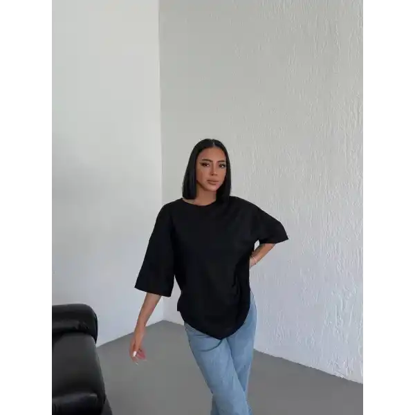 Kadın Düz T-Shirt Kısa Kol Bisiklet Yaka Oversize Tişört - Siyah