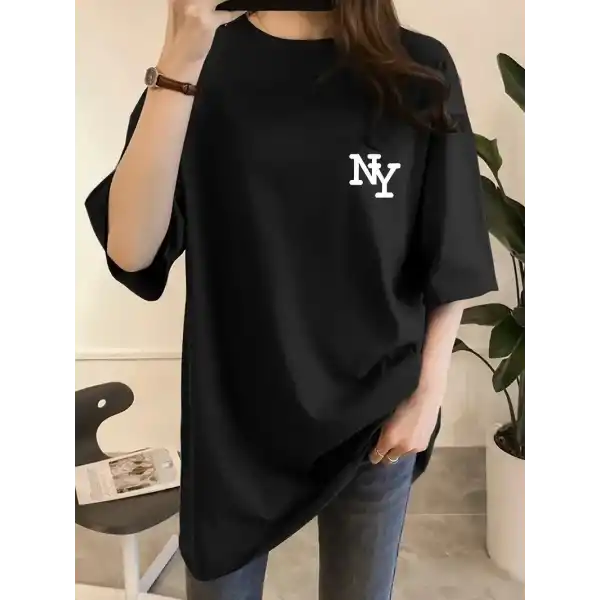 Kadın Eğlenceli Harf NY Baskılı Bisiklet Yaka Tişört - Rahat Polyester, Makinede Yıkanabilir - Yaz ve Fitness için Mükemmel, Yuvarlak Yaka - Siyah