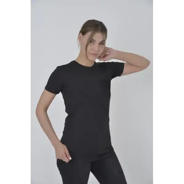 Kadın File Cepli T-Shirt Kısa Kol Bisiklet Yaka Slimfit Tişört  - Siyah
