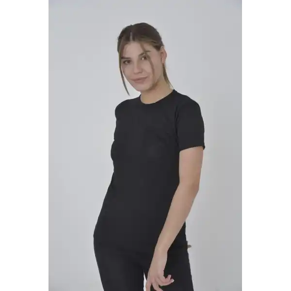 Kadın File Cepli T-Shirt Kısa Kol Bisiklet Yaka Slimfit Tişört  - Siyah