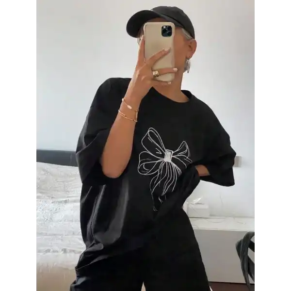 Kadın Fiyonk Baskılı T-Shirt Kısa Kol Bisiklet Yaka Oversize Tişört - Siyah