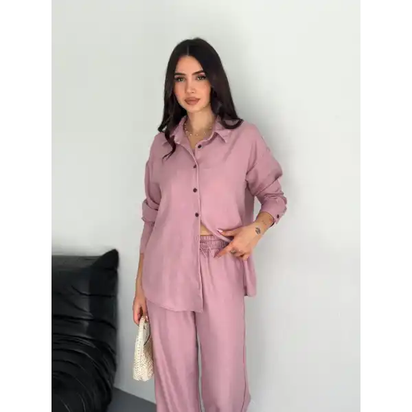 Kadın Gömlek Pantolon ikili Alt-Üst Takım - Toz Pembe