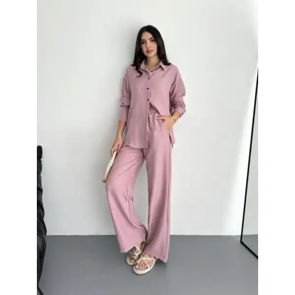 Kadın Gömlek Pantolon ikili Alt-Üst Takım - Toz Pembe