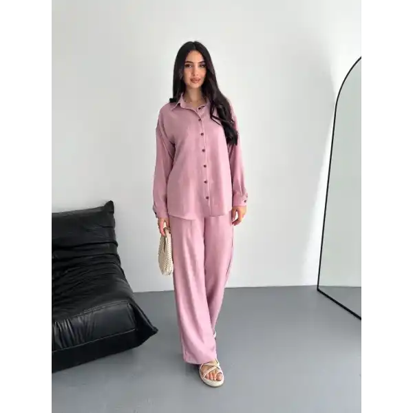 Kadın Gömlek Pantolon ikili Alt-Üst Takım - Toz Pembe