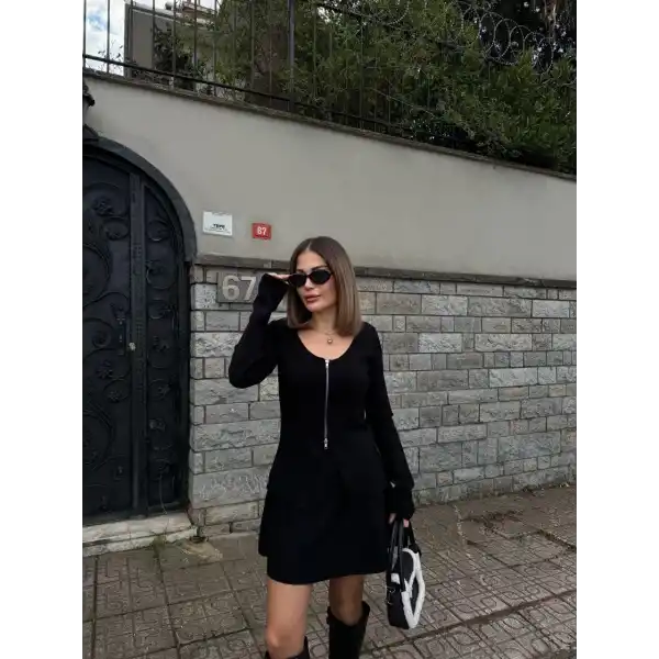 Kadın İkili Fermuarlı Hırkalı Etekli Takım - Siyah