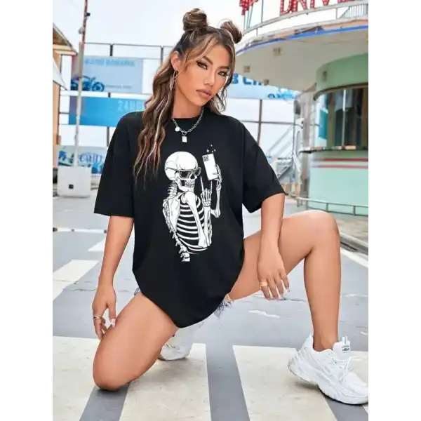 Kadın iskelet Baskılı T-Shirt Kısa Kol Bisiklet Yaka Oversize Tişört - Siyah
