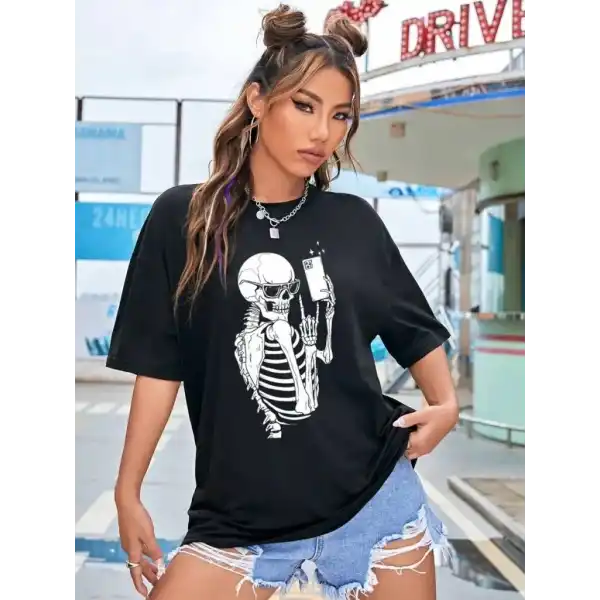 Kadın iskelet Baskılı T-Shirt Kısa Kol Bisiklet Yaka Oversize Tişört - Siyah