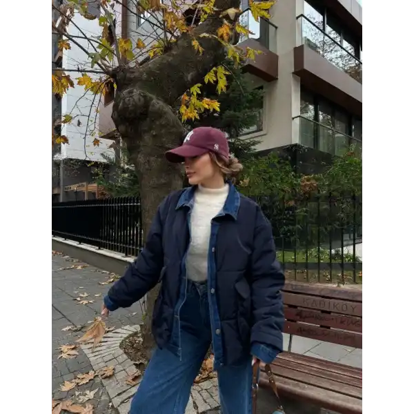 Kadın Jeans Detaylı Cıtcıtlı Ceket Mont - Lacivert