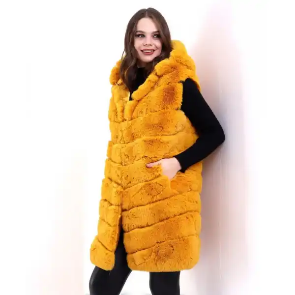 Kadın Kapşonlu Peluş Kürk Yelek Premium Kalite, Tam Astarlı, Uzun Model - Sarı
