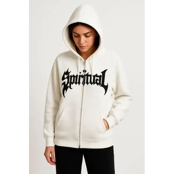 Kadın Kapüşonlu 3 İplik Pamuklu Önü Baskılı Fermuarlı Oversize Hoodie Sweatshirt - Beyaz