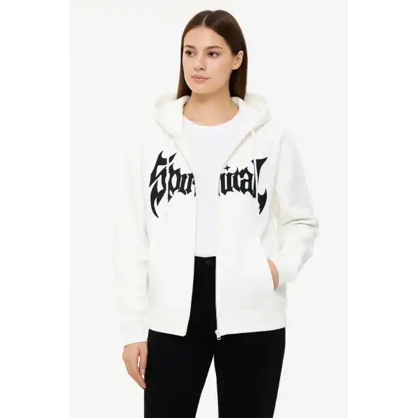 Kadın Kapüşonlu 3 İplik Pamuklu Önü Baskılı Fermuarlı Oversize Hoodie Sweatshirt - Beyaz