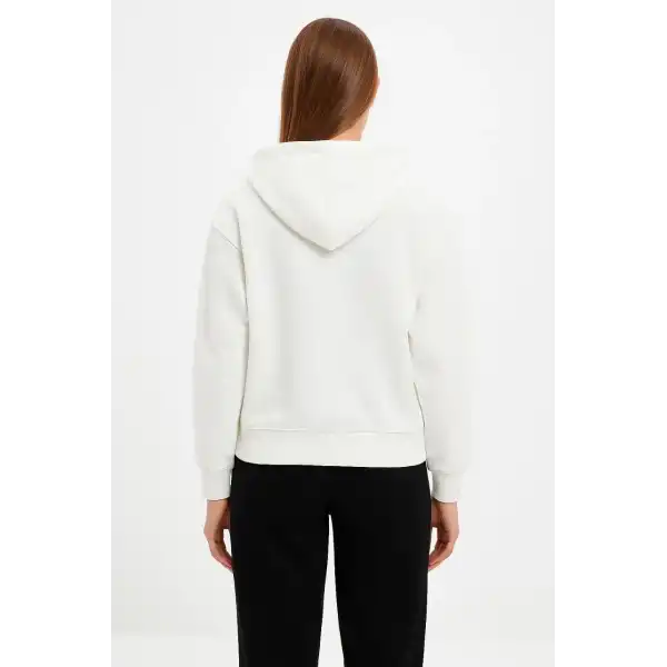 Kadın Kapüşonlu 3 İplik Pamuklu Önü Baskılı Fermuarlı Oversize Hoodie Sweatshirt - Beyaz