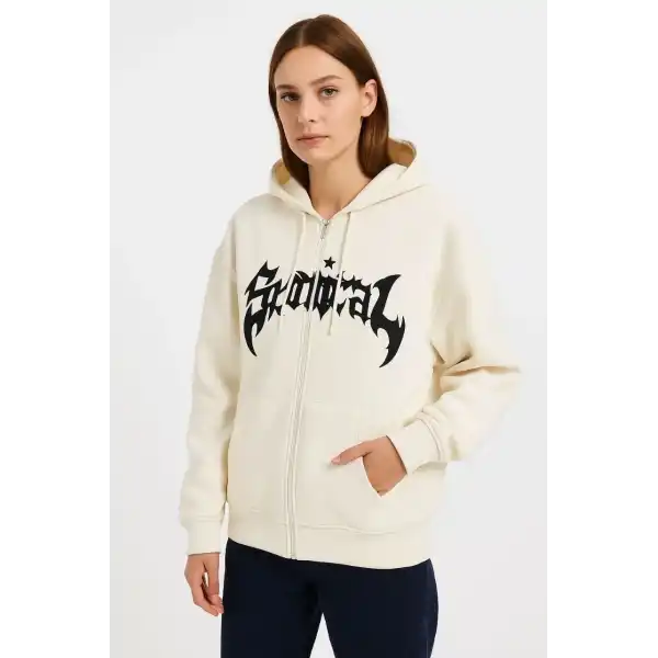 Kadın Kapüşonlu 3 İplik Pamuklu Önü Baskılı Fermuarlı Oversize Hoodie Sweatshirt - Beyaz