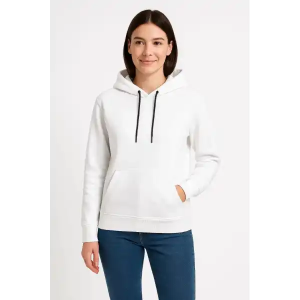 Kadın Kapüşonlu Kanguru Cepli 3 İplik Pamuklu Oversize Hoodie Sweatshirt - Beyaz