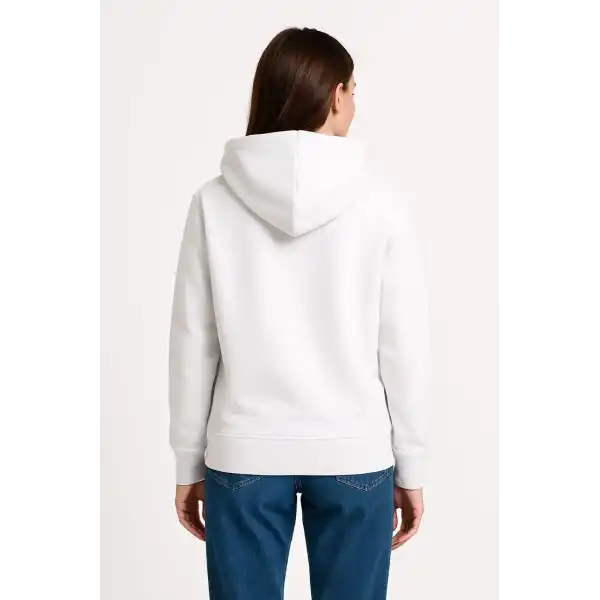 Kadın Kapüşonlu Kanguru Cepli 3 İplik Pamuklu Oversize Hoodie Sweatshirt - Beyaz