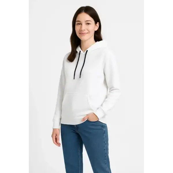 Kadın Kapüşonlu Kanguru Cepli 3 İplik Pamuklu Oversize Hoodie Sweatshirt - Beyaz
