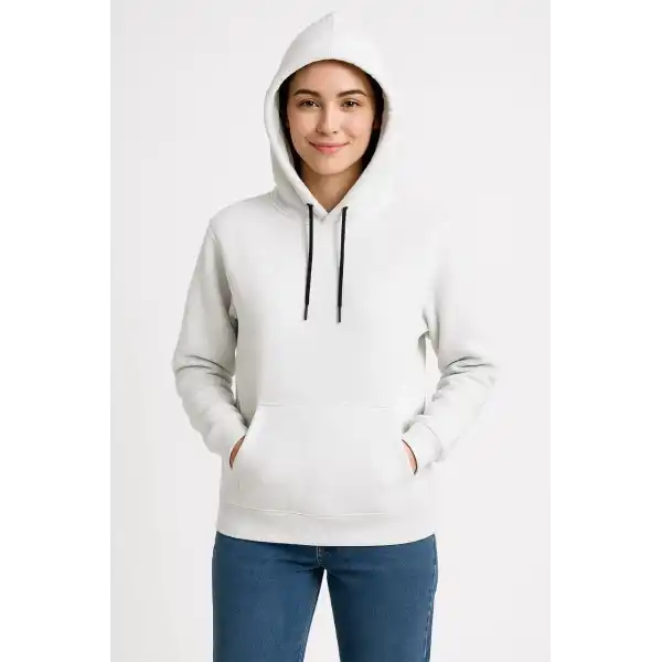 Kadın Kapüşonlu Kanguru Cepli 3 İplik Pamuklu Oversize Hoodie Sweatshirt - Beyaz