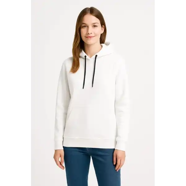 Kadın Kapüşonlu Kanguru Cepli 3 İplik Pamuklu Oversize Hoodie Sweatshirt - Beyaz