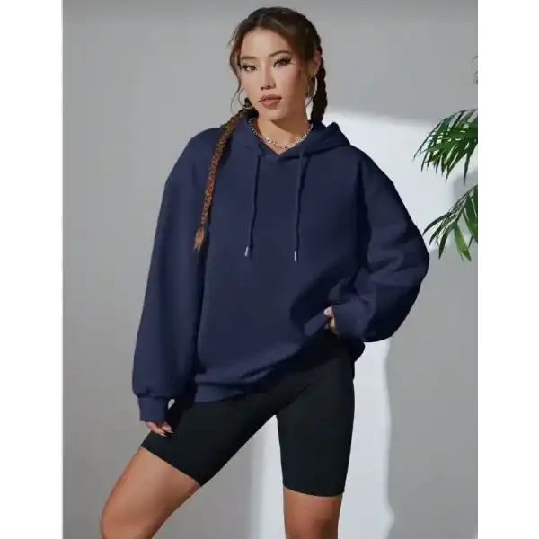 Kadın Kapüşonlu Kanguru Cepli 3 İplik Pamuklu Oversize Hoodie Sweatshirt - Lacivert