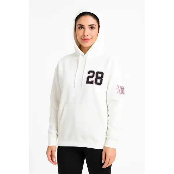 Kadın Kapüşonlu Kanguru Cepli Sweatshirt 3 İplik Pamuklu Baskılı Hoodie - Beyaz