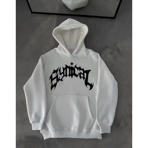 Kadın Kapüşonlu Kanguru Cepli Sweatshirt 3 İplik Pamuklu Baskılı Hoodie -  Beyaz