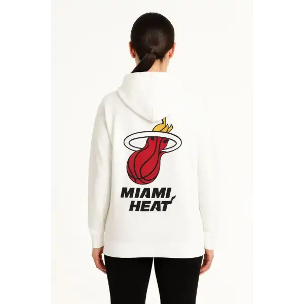 Kadın Kapüşonlu Kanguru Cepli Sweatshirt 3 İplik Pamuklu Baskılı Hoodie - Beyaz