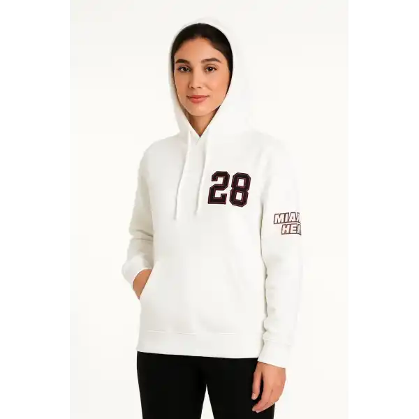 Kadın Kapüşonlu Kanguru Cepli Sweatshirt 3 İplik Pamuklu Baskılı Hoodie - Beyaz