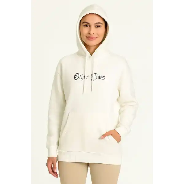 Kadın Kapüşonlu Kanguru Cepli Sweatshirt 3 İplik Pamuklu Baskılı Hoodie - Beyaz