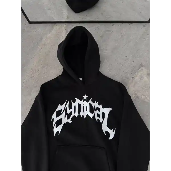 Kadın Kapüşonlu Kanguru Cepli Sweatshirt 3 İplik Pamuklu Baskılı Hoodie -  Siyah