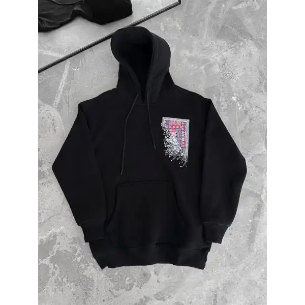 Kadın Kapüşonlu Kanguru Cepli Sweatshirt 3 İplik Pamuklu Baskılı Hoodie - Siyah