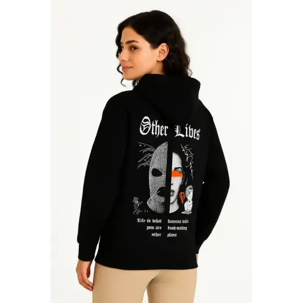 Kadın Kapüşonlu Kanguru Cepli Sweatshirt 3 İplik Pamuklu Baskılı Hoodie - Siyah