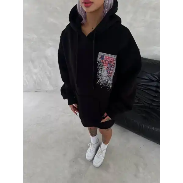 Kadın Kapüşonlu Kanguru Cepli Sweatshirt 3 İplik Pamuklu Baskılı Hoodie - Siyah