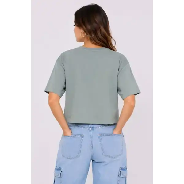 Kadın Kedi Baskılı Oversize Crop Tişört Salaş Basic Yarım Kol T-shirt - Mint Yeşili