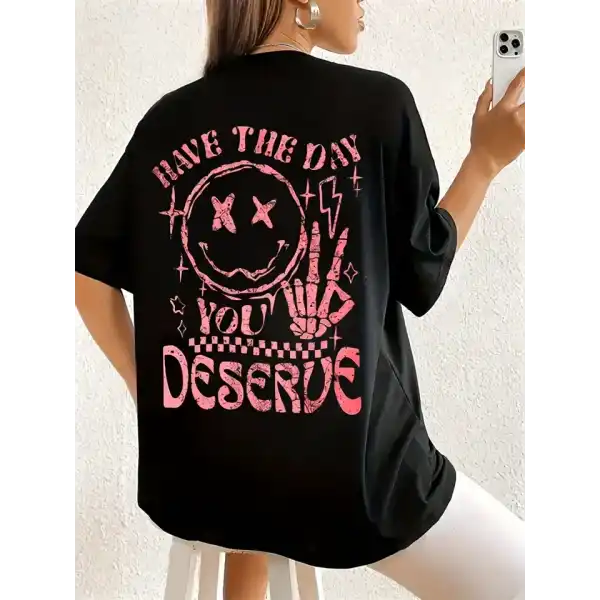 Kadın Kısa Kol Yazlık Tişört Bisiklet Yaka Baskılı Oversize T-Shirt - Siyah